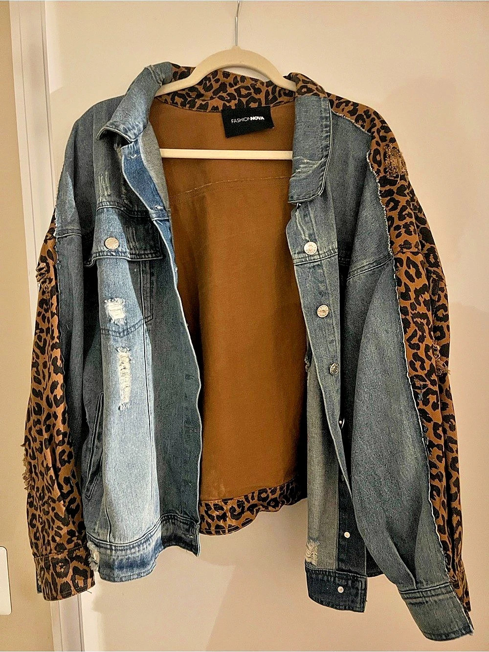 Fashion Nova Leopard Print Denim Jacket